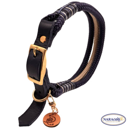 Hundehalsband Paracord Lederadapter Marine-Navy Sandbank | Takelung Navy-Weiß-Töne | NARAcani Handmade