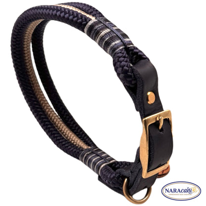 Hundehalsband Paracord Lederadapter Marine-Navy Sandbank | Takelung Navy-Weiß-Töne | NARAcani Handmade