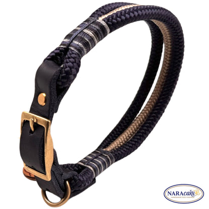 Hundehalsband Paracord Lederadapter Marine-Navy Sandbank | Takelung Navy-Weiß-Töne | NARAcani Handmade