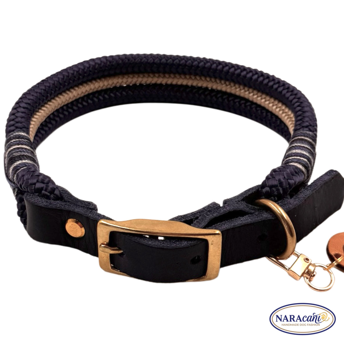 Hundehalsband Paracord Lederadapter Marine-Navy Sandbank | Takelung Navy-Weiß-Töne | NARAcani Handmade
