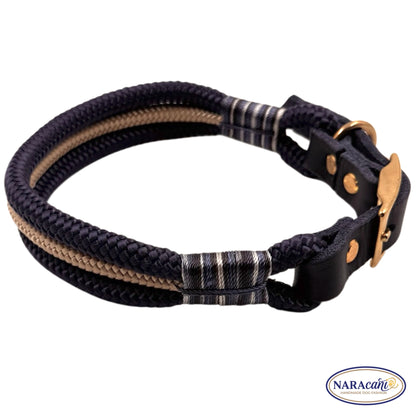 Hundehalsband Paracord Lederadapter Marine-Navy Sandbank | Takelung Navy-Weiß-Töne | NARAcani Handmade