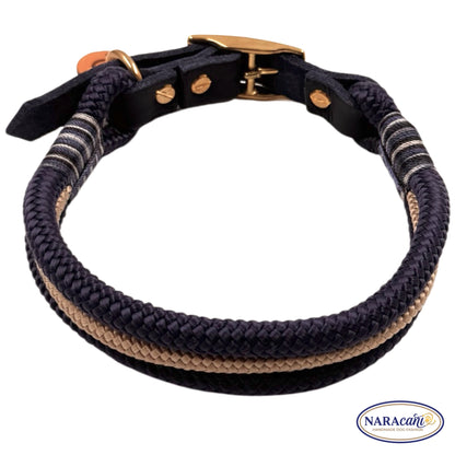Hundehalsband Paracord Lederadapter Marine-Navy Sandbank | Takelung Navy-Weiß-Töne | NARAcani Handmade