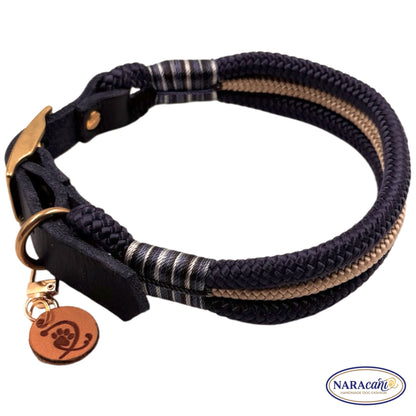 Hundehalsband Paracord Lederadapter Marine-Navy Sandbank | Takelung Navy-Weiß-Töne | NARAcani Handmade