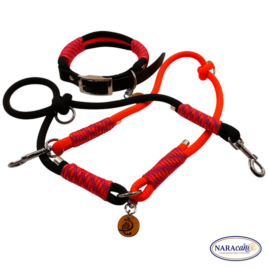 Sparset Hund Biothane Schwarz-Neonorange Blacklight | Halsband & Multifunktionsleine im Set | NARAcani Handmade