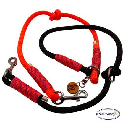 Hundeleine Multifunktionsleine Paracord Schwarz-Neonorange Blacklight | Verstellbar mit 2 Karabinern | Loud & Crazy Handmade | NARAcani