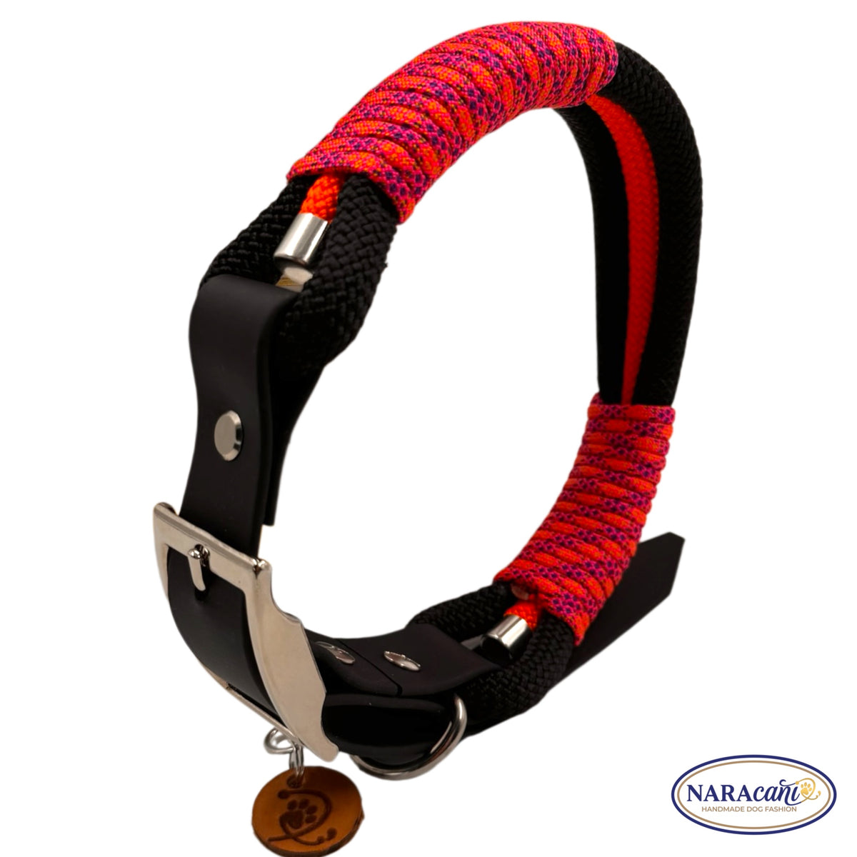 Hundehalsband Biothane Schwarz Blacklight Maßanfertigung | Neonorange-Neonpink-Lila Takelung | NARAcani Handmade