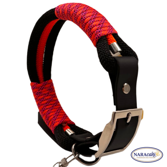 Hundehalsband Biothane Schwarz Blacklight Maßanfertigung | Neonorange-Neonpink-Lila Takelung | NARAcani Handmade