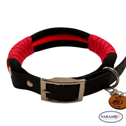 Hundehalsband Biothane Schwarz Blacklight Maßanfertigung | Neonorange-Neonpink-Lila Takelung | NARAcani Handmade