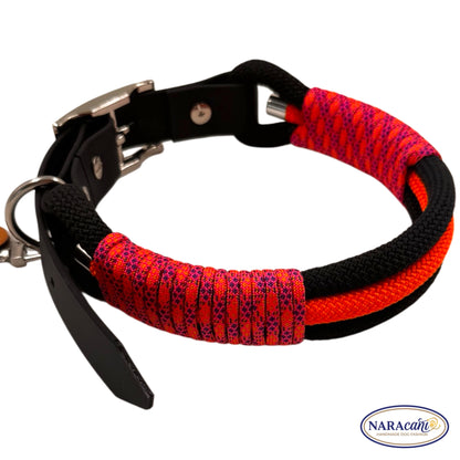 Hundehalsband Biothane Schwarz Blacklight Maßanfertigung | Neonorange-Neonpink-Lila Takelung | NARAcani Handmade