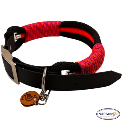 Hundehalsband Biothane Schwarz Blacklight Maßanfertigung | Neonorange-Neonpink-Lila Takelung | NARAcani Handmade