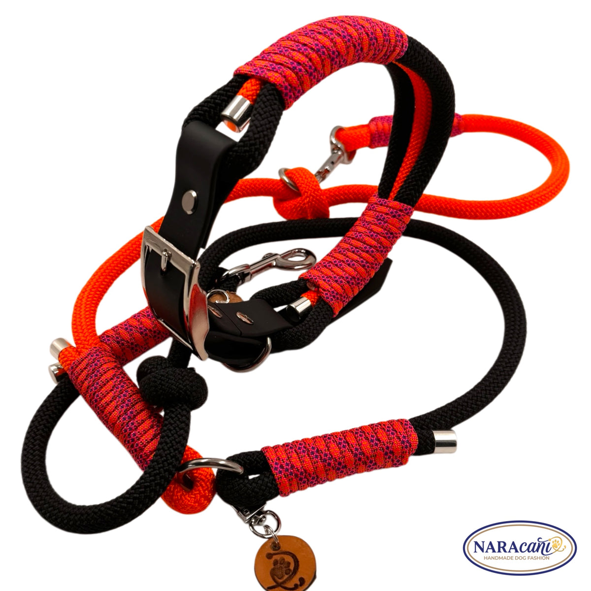 Hundehalsband Biothane Schwarz Blacklight Maßanfertigung | Neonorange-Neonpink-Lila Takelung | NARAcani Handmade