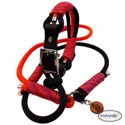 Hundehalsband Biothane Schwarz Blacklight Maßanfertigung | Neonorange-Neonpink-Lila Takelung | NARAcani Handmade
