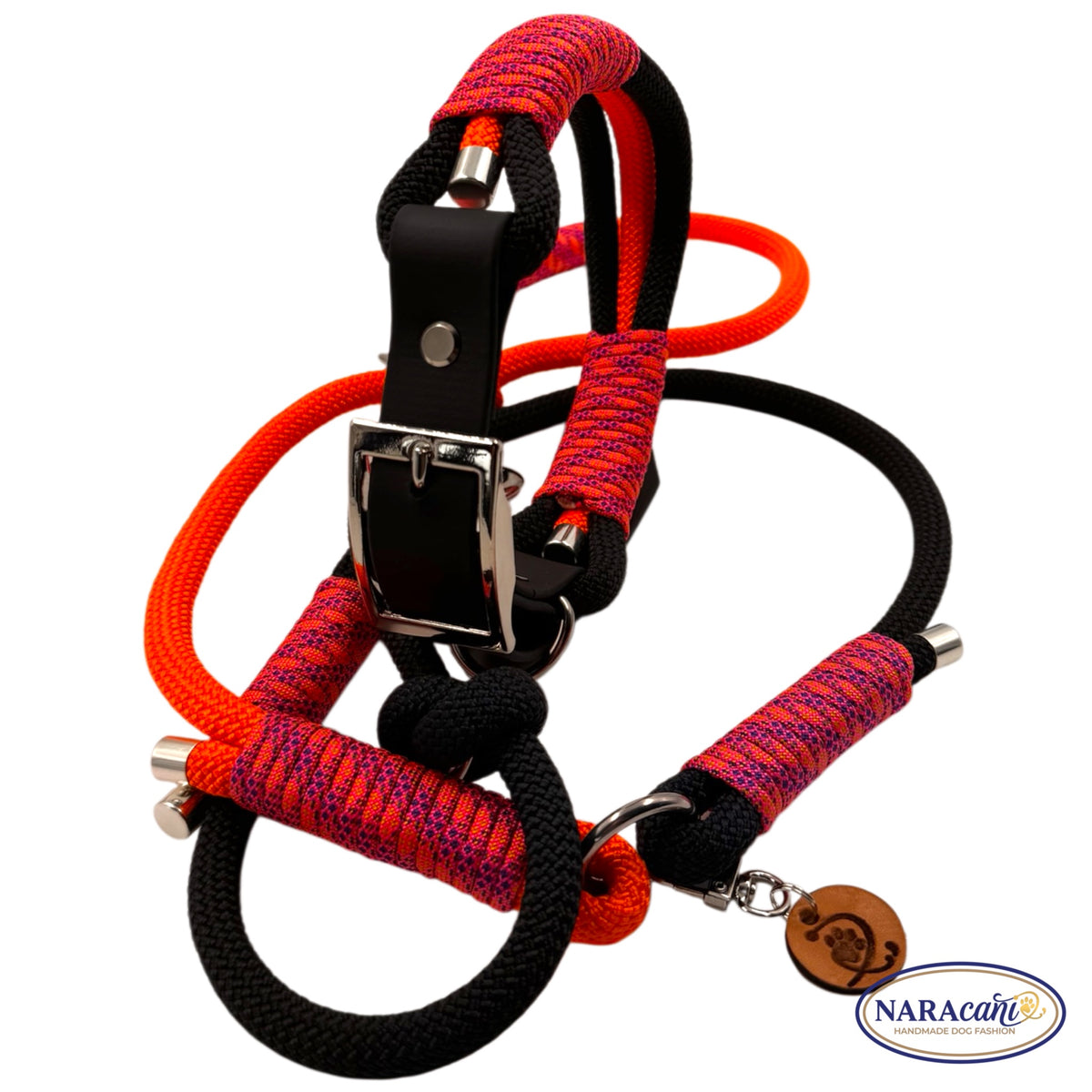 Hundeleine Multifunktionsleine Paracord Schwarz-Neonorange Blacklight | Verstellbar mit 2 Karabinern | Loud & Crazy Handmade | NARAcani