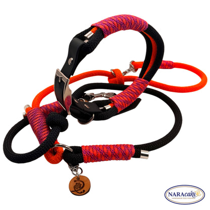 Hundehalsband Biothane Schwarz Blacklight Maßanfertigung | Neonorange-Neonpink-Lila Takelung | NARAcani Handmade