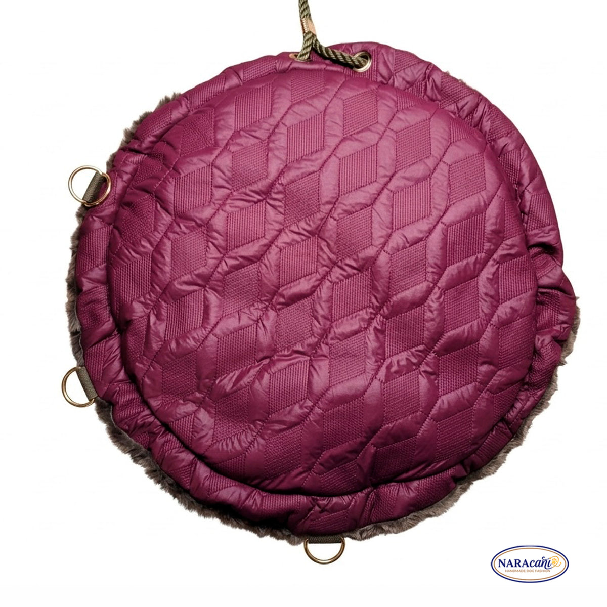 Hundetasche Rund Weinrot „Luna" 🐾 Kordelzug-Verschluss & Crossbody-Gurt 🐾 Khaki-Plüsch Gold-Hardware 🐾 NARAcani Handmade