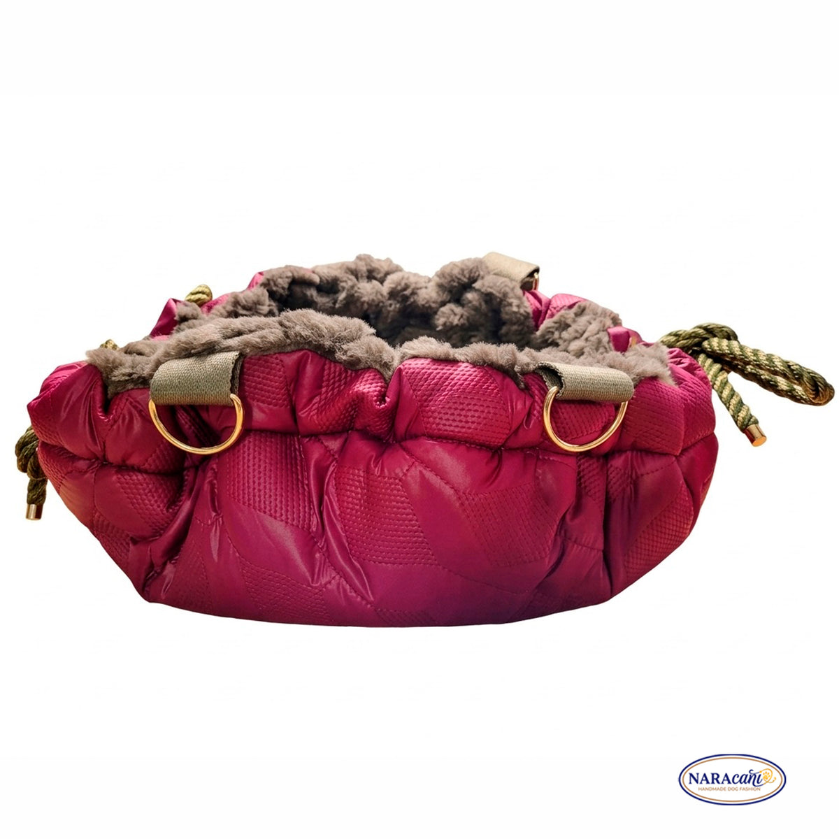 Hundetasche Rund Weinrot „Luna" 🐾 Kordelzug-Verschluss & Crossbody-Gurt 🐾 Khaki-Plüsch Gold-Hardware 🐾 NARAcani Handmade
