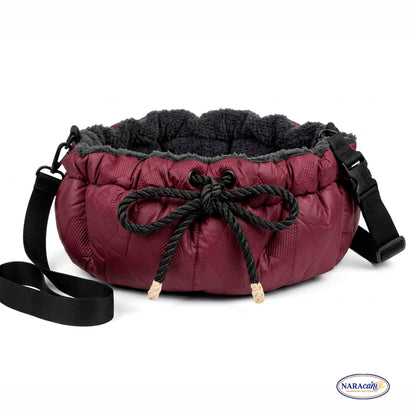 Hundetasche Rund Weinrot Schwarz „Nera" 🐾 Kordelzug-Verschluss & Crossbody-Gurt 🐾 Monochrome Optik Schwarz-Hardware 🐾 NARAcani Handmade