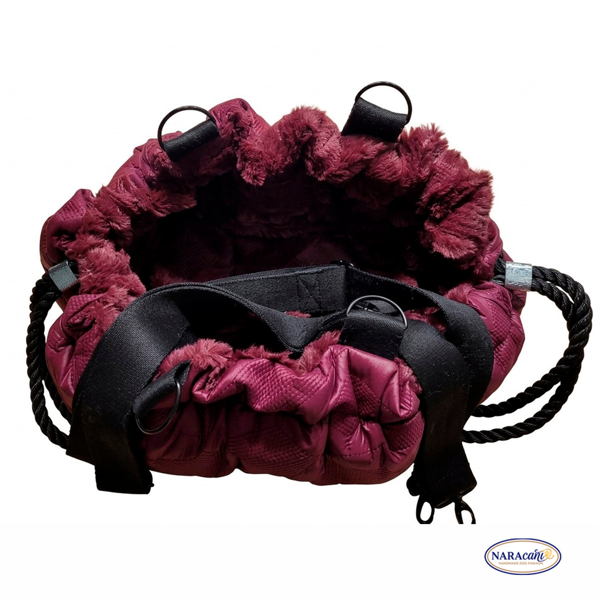 Hundetasche Rund Weinrot Schwarz „Nera" 🐾 Kordelzug-Verschluss & Crossbody-Gurt 🐾 Monochrome Optik Schwarz-Hardware 🐾 NARAcani Handmade