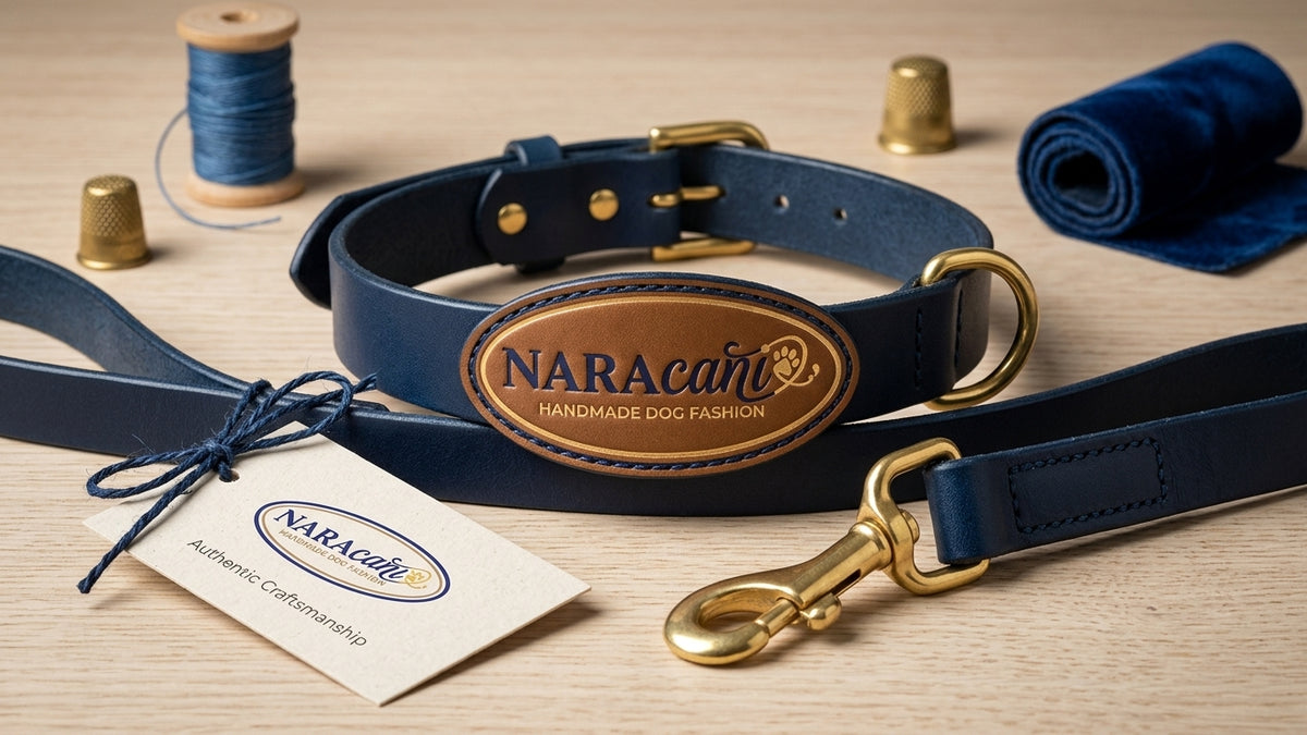 Dunkelblaues Hundehalsband aus Fettleder mit NARAcani Logo-Patch und goldenen Beschlägen