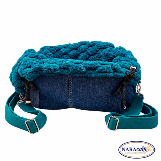 NARAcani Hundetragetasche Unikat „Lotta" aus Jeans-Upcycling mit Kuschelfell in Petrol und zwei verstellbaren Tragegurten