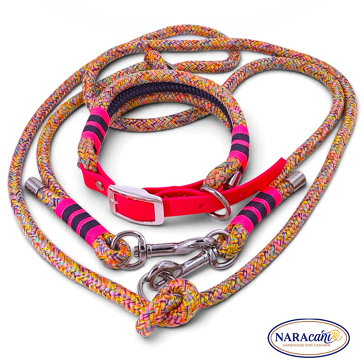 Set aus Rainbow-Halsband und Multifunktionsleine in Bunt und Marineblau, weitere Ansicht