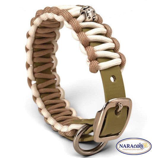 Hundehalsband aus olivgrünem Biothane mit beige-weißer Cobraknoten-Flechtung aus Paracord, Gesamtansicht