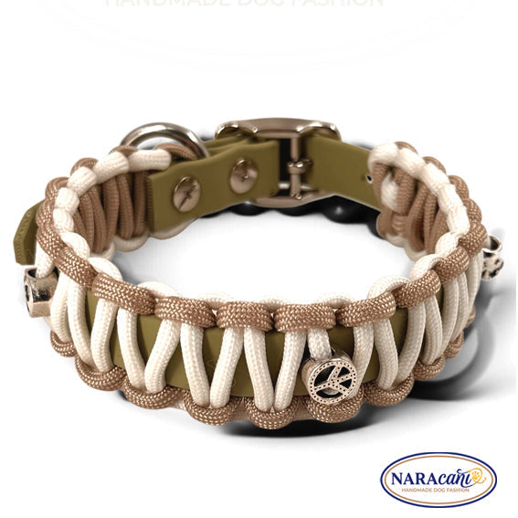 Beige-weißes Paracord und olivgrünes Biothane des Halsbands Guacamole im Materialdetail