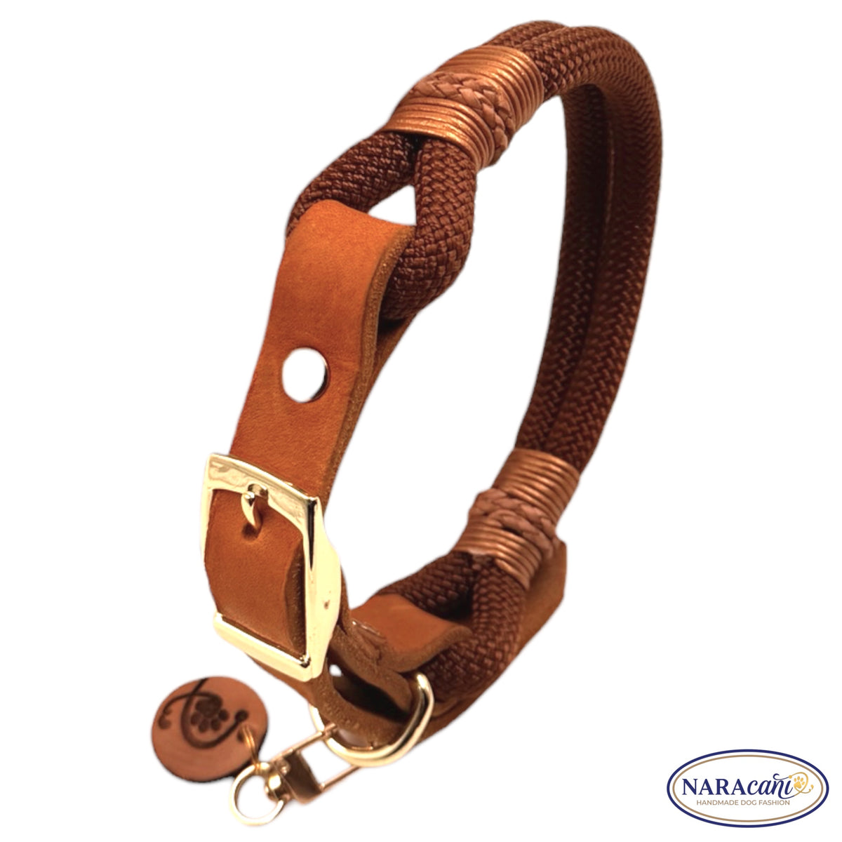 Hundehalsband Schoko-Cognac mit goldenem O-Ring und NARAcani Anhänger