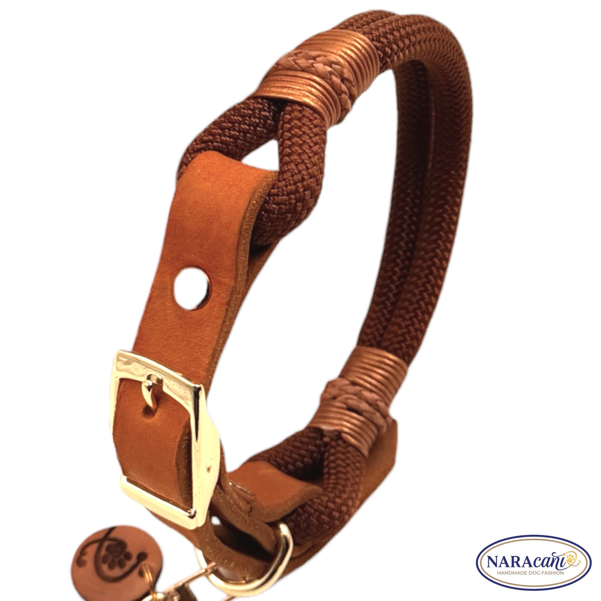 Takelung aus Bronze-Lederschnur und Naturleder am Paracord-Halsband