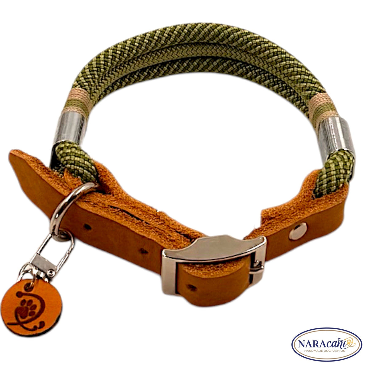 Echtleder-Adapter in Camel mit Schnalle am Paracord-Halsband Safari Dream, Detailansicht