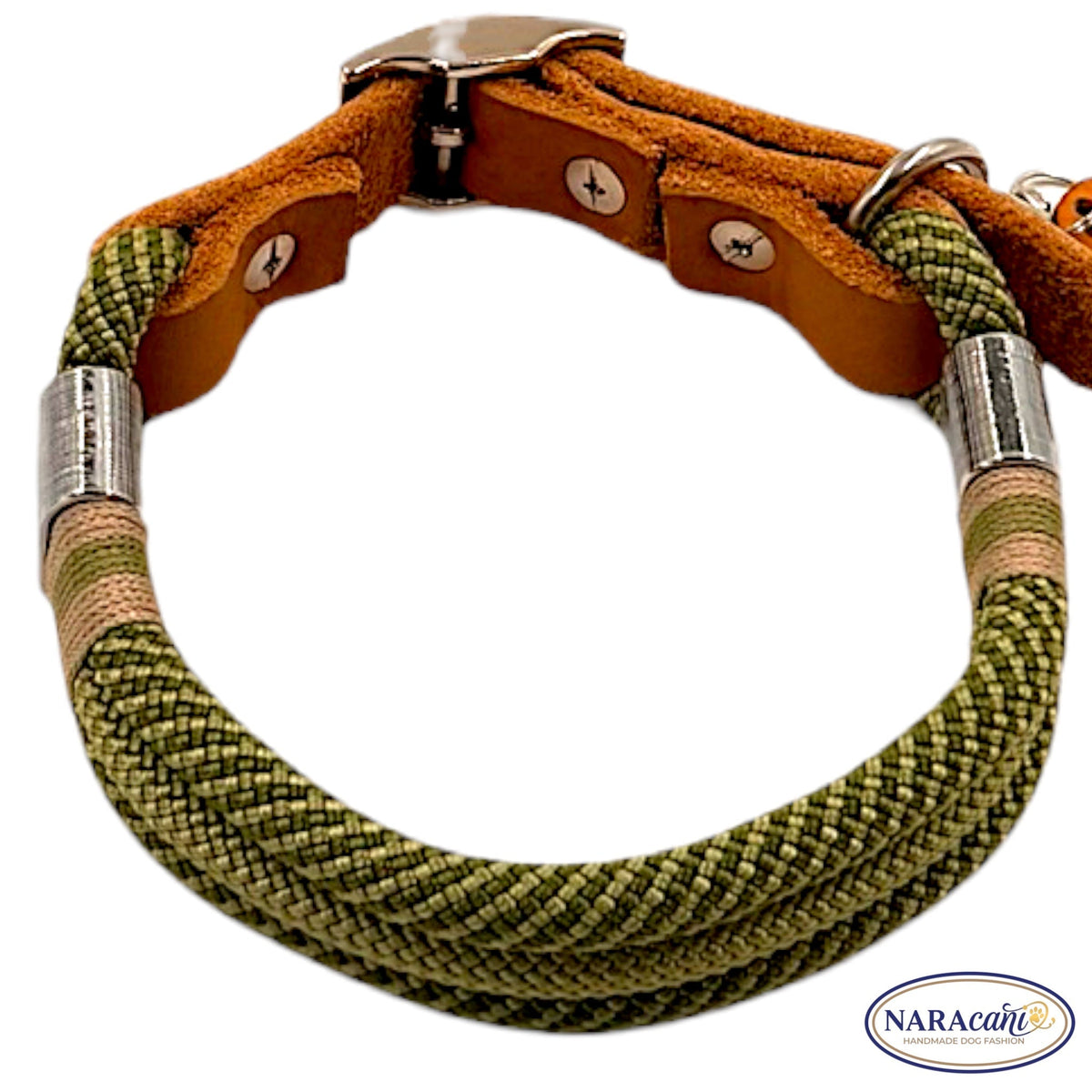 Übergang von Paracord-Tau zu Leder-Adapter am Halsband Safari Dream im Detail