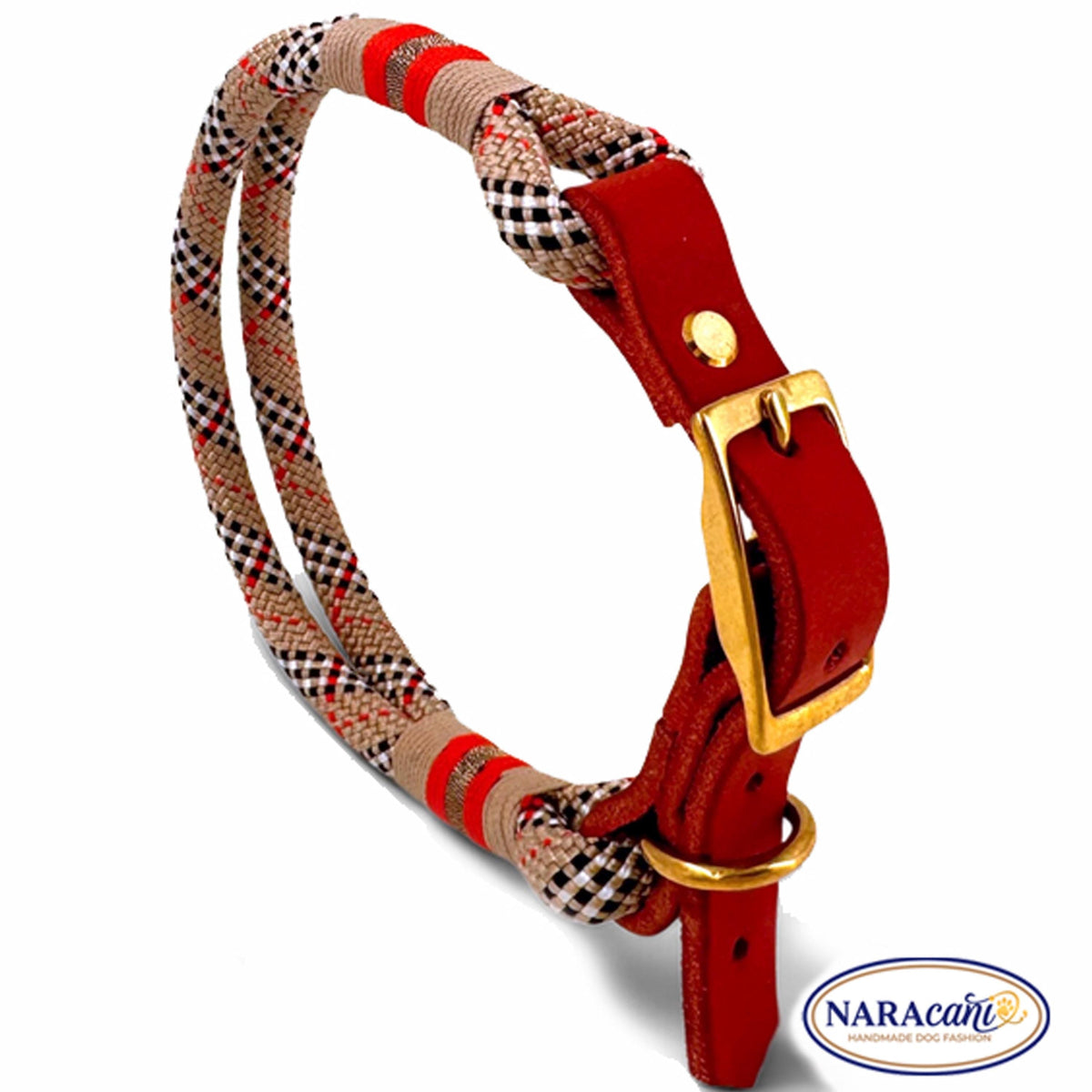 Hundehalsband aus Paracord im beigen Karomuster mit Cognac-Lederadapter, Gesamtansicht