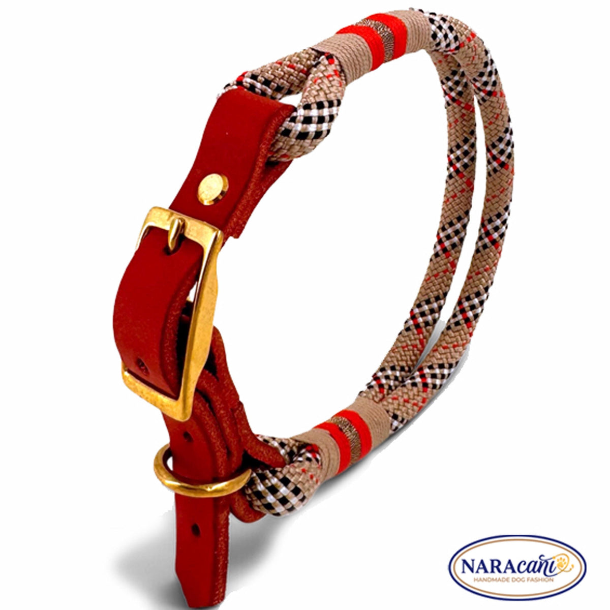 Cognac-Lederadapter mit Schnalle am Paracord-Halsband Tartan Beige, Detailansicht