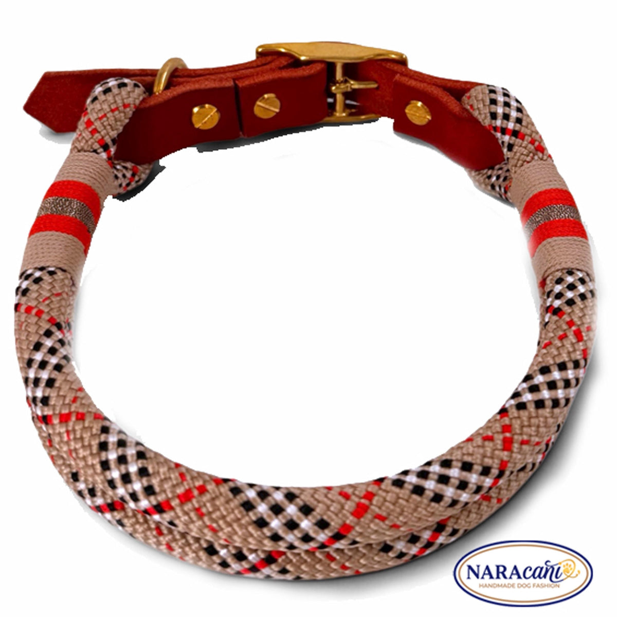 Hundehalsband Paracord Tartan Beige mit Cognac-Leder aus einem weiteren Blickwinkel