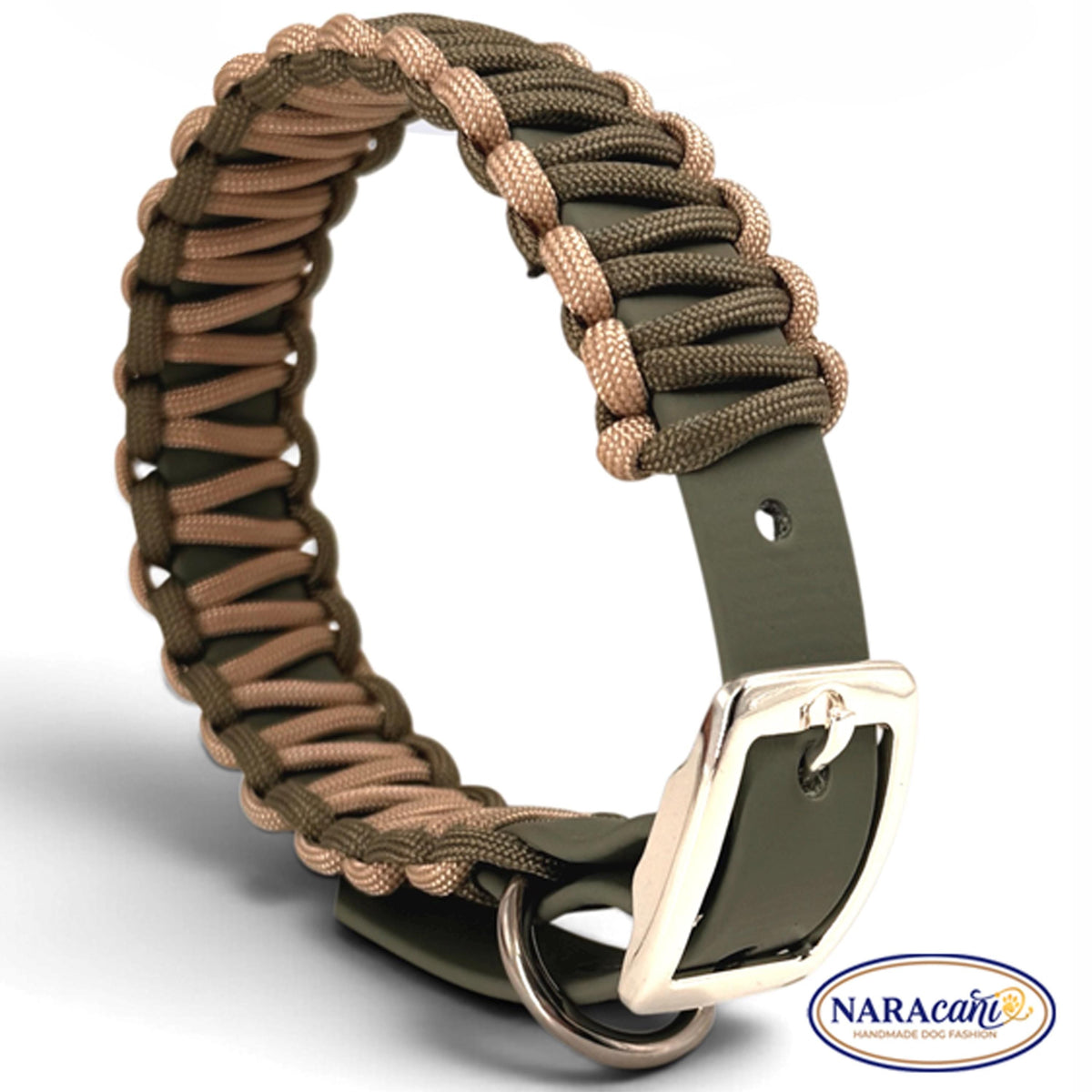 Goldfarbene Beschläge am Paracord-Halsband Tartan Beige, Detailansicht