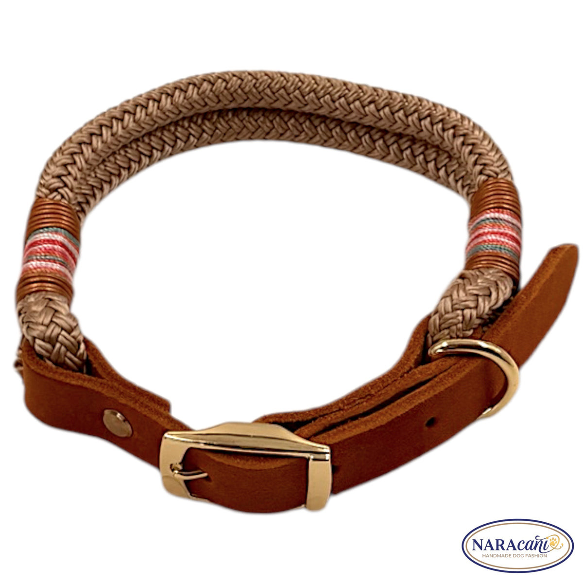Cognac-Lederadapter mit Schnalle am Tau-Halsband Beige-Gold, Detailansicht