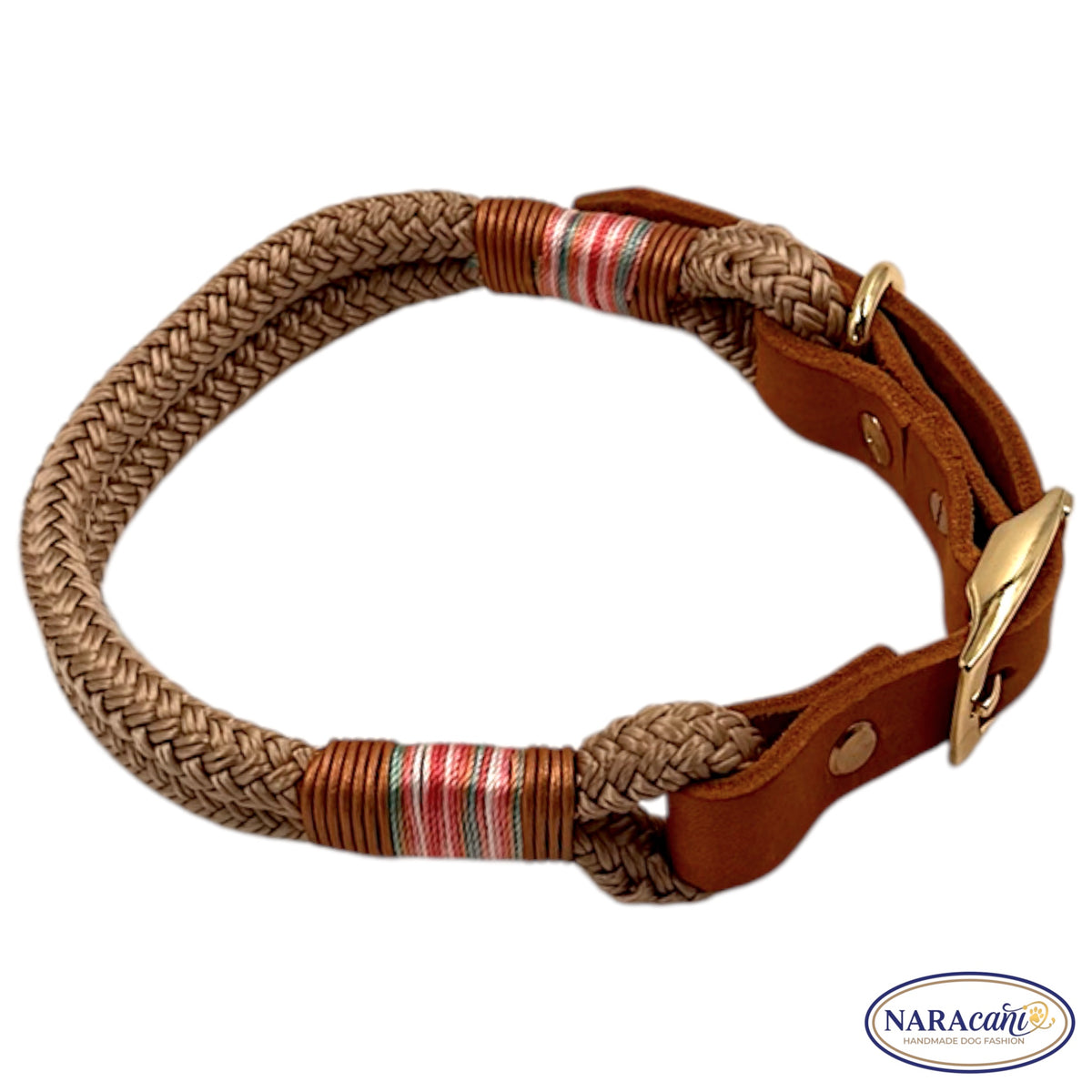 Takelung in Pastell-Bordeaux am Tau-Halsband Beige-Gold im Detail