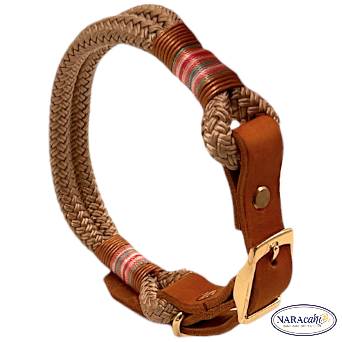Hundehalsband Tau Beige-Gold mit Cognac-Leder, in voller Länge ausgelegt