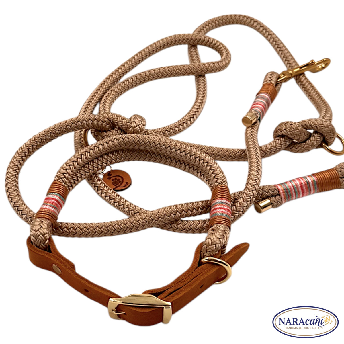 Set aus Tau-Halsband und Multifunktionsleine Beige-Gold, goldfarbene Beschläge im Detail