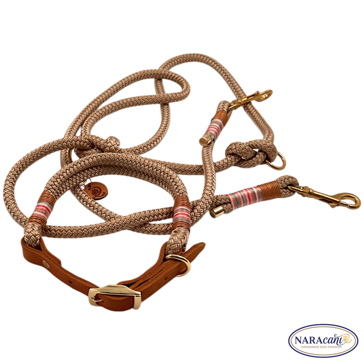 Tau-Halsband und Multifunktionsleine Beige-Gold nebeneinander ausgelegt