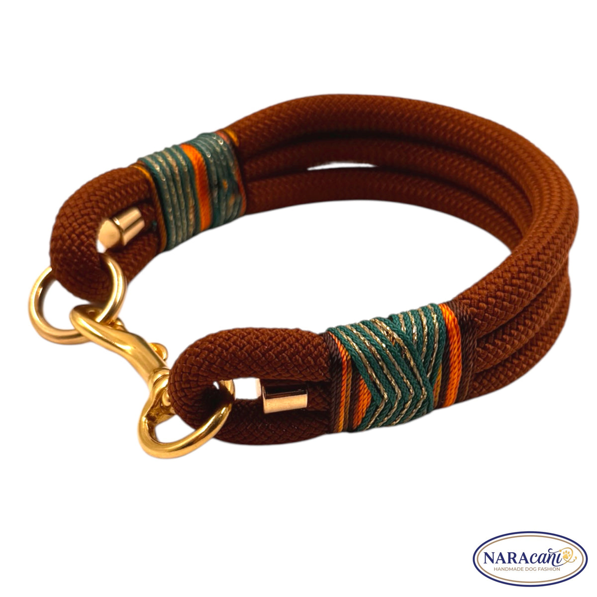 Hundehalsband aus dreifach gelegtem Tau in Schoko-Braun mit goldenem Karabiner