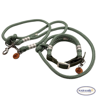 Set aus Tau-Halsband Seegras mit Biothane-Verschluss und Multifunktionsleine, Gesamtansicht