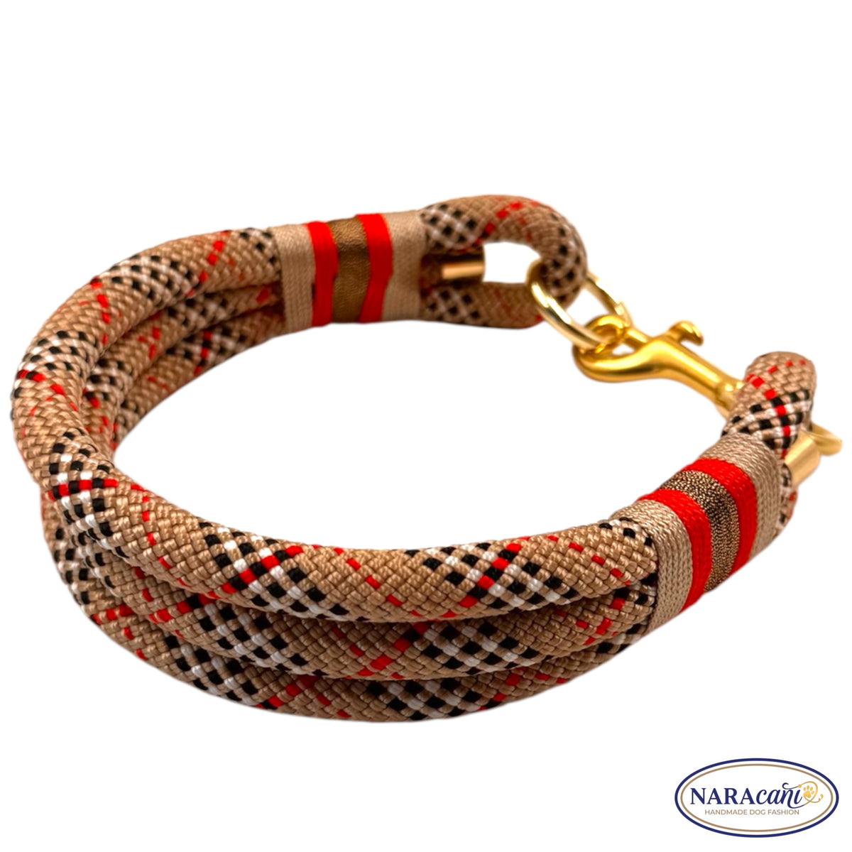 Tau-Halsband Tartan-Beige mit roter Schmuck-Takelung und goldenen Endkappen