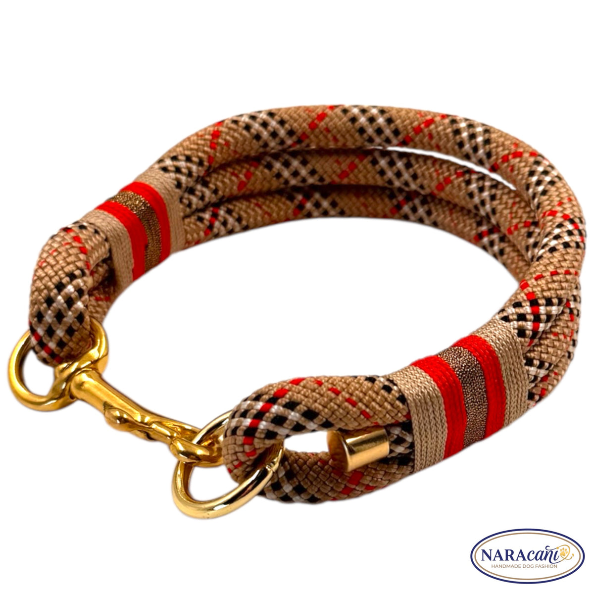 Karabinerverschluss in Gold am Tau-Halsband in Tartan-Beige