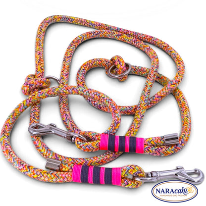 Multifunktionsleine aus Rainbow-Paracord mit zwei Karabinern und Takelung in Neonpink und Marineblau