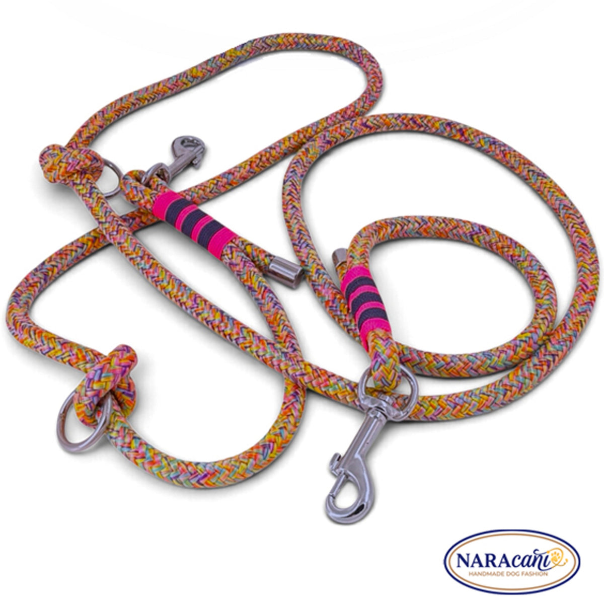 Multifunktionsleine Rainbow – Brezelknoten mit O-Ring und Karabiner im Detail