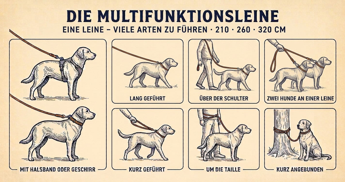 Arten, die Multifunktionsleine zu führen – lang, kurz, über der Schulter, zwei Hunde – NARAcani