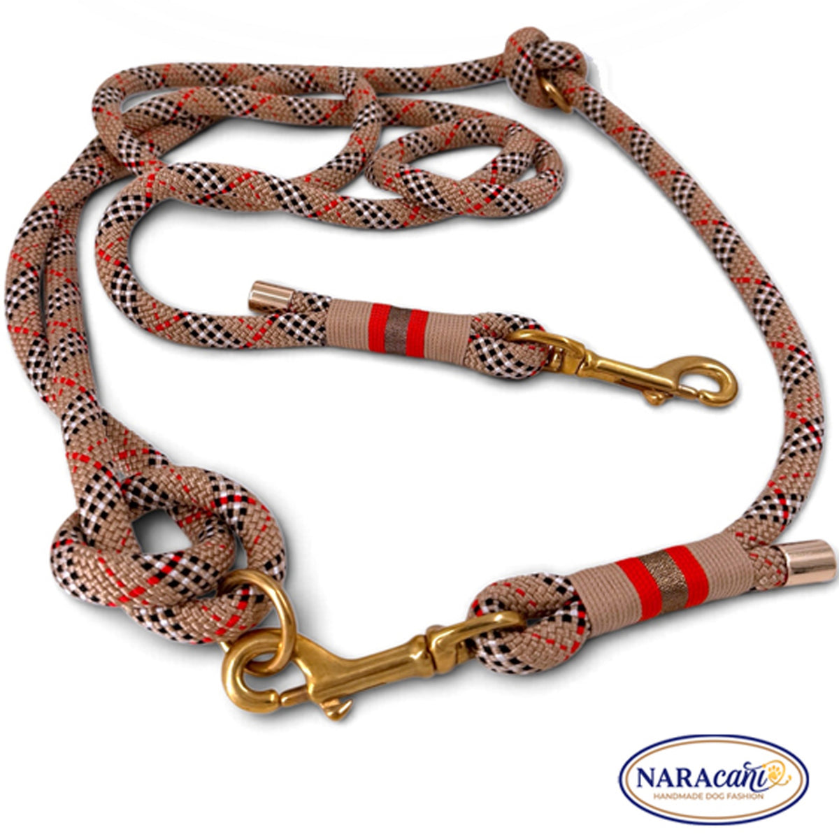 Multifunktionsleine Tartan Beige – Brezelknoten mit O-Ring und Karabiner in Gold im Detail