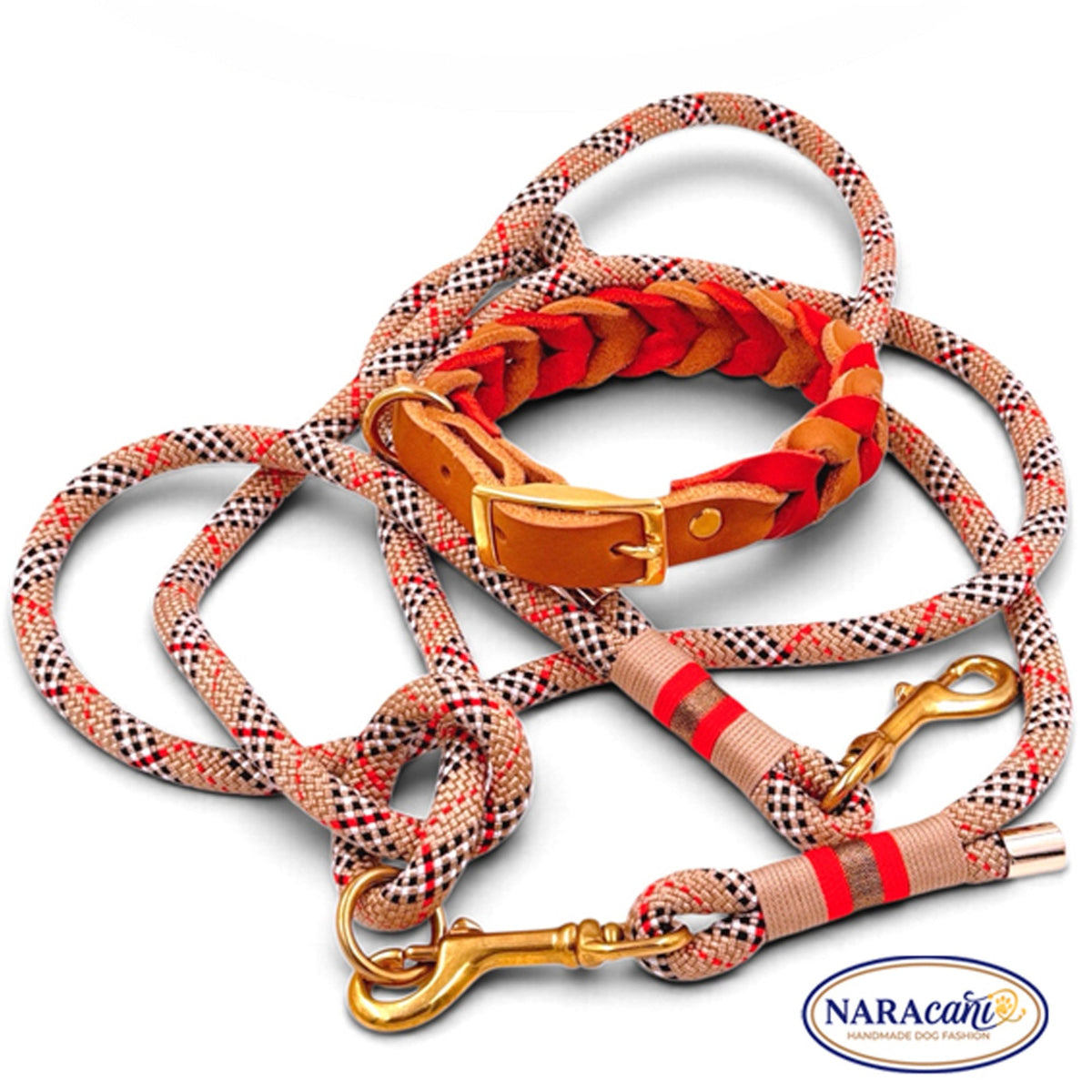 Sparset Camel-Rot aus Halsband und Leine, Flechtung und Karomuster im Detail