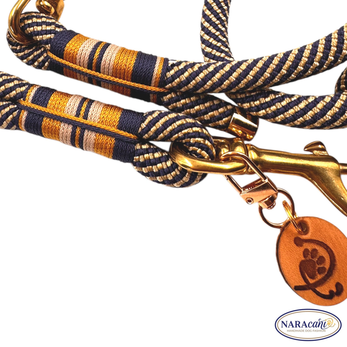 Spiralkordel aus Navy, Sand und Gold an der Multifunktionsleine, Nahaufnahme
